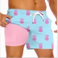 Men's Quick Dry Beach Shorts 3D Pineapple Print Double Layer Swim Trunks For Summer Wear - HJ-HD Sky Blue