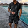 Men's summer short sleeve polo shirt and shorts two-piece casual sports outfit. - 3XL / Top And Bottom / Black Gold Line Abstract Print Style (HJ-0217-a8)