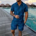 Detailed view of mens blue geometric zip polo shirt and shorts summer resort outfit. - 3XL / Top And Bottom / Blue Geometric Grid Print Style (HJ-0217-a7)