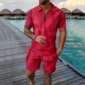 Detailed view of the red geometric print men summer short sleeve polo and shorts set. - 3XL / Top And Bottom / Red 3D Geometric Texture Style (HJ-0217-a9)