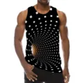 Men 3D optical illusion tunnel print sleeveless tank top, casual summer graphic gym vest. - Black and White Tunnel (HJ-FS-03075)