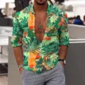 Men's long sleeve tropical leaf print shirt casual button down shirt detail view style - Green-Orange Tropical Leaf Print (HJ-DCXS-08283)