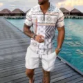 Detailed view of the stylish men's half-zip polo shirt and white shorts outfit on a resort scene. - 3XL / Top And Bottom / Ethnic Geometric Print White Shorts Style (HJ-0217-a11)