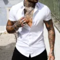 Men's slim fit white short sleeve turn down collar button shirt casual stylish summer wear - S / Tops / White