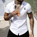 Mens slim fit short sleeve button down dress shirt white casual business top with crown K print - S / Tops / White