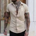 Men's Casual Khaki Short Sleeve Shirt Muscle Fit Slim Button Down Top Fashion New Style. - S / Tops / Khaki