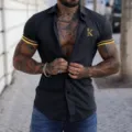 Men's Black Short Sleeve Lapel Muscle Fit Shirt with Yellow Stripes and Crown Logo - S / Tops / Black