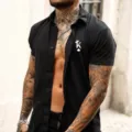 Men's black short sleeve lapel shirt fitness casual button down shirt with custom logo. - S / Tops / Black