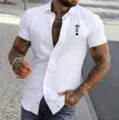 Men's Slim Fit Short Sleeve Lapel Shirt Casual Button Down Shirt with King Print White - S / Tops / White