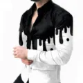 Men's autumn long sleeve casual shirt with black and white 3D drip print lapel cardigan design. - HJ22