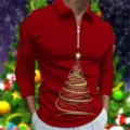 Herren Weihnachtsbaum Druck Langarm Reissverschluss Polohemd Detailansicht mit festlichem Motiv - S / Oberteile / Roter Weihnachtsbaum-Stil (CXLLPS-101(14))