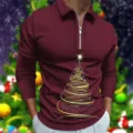 Herren Weihnachts Langarm Reißverschluss Polohemd mit goldenem Baumdruck, lässiges Herbstgolfshirt. - S / Oberteile / Weinrot Weihnachtsbaum Stil (CXLLPS-101(15))