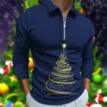 Detailansicht des Herren Poloshirts mit goldenem Weihnachtsbaum und Reißverschluss. - S / Oberteile / Marineblau Weihnachtsbaum-Stil (CXLLPS-101(18))