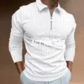Herren Langarm gestreifter Reißverschluss Polo-Shirt lässig Herbst Oberteil mit Buchstaben - S / Oberteile / Weiß Vertikale Streifen (CXLLPS-101(21))