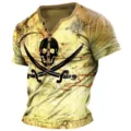Men's vintage 3D pirate map printed short sleeve Henley shirt casual top fashion - 3XL / Tops / Pirate Skull Map Print (HJ-HH1125)