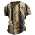 Detailed view of men vintage 3d printed striped short sleeve henley shirt with button placket. - 3XL / Tops / Vintage Stripe Print (HJ-HH1124)