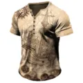 Men vintage sailing map print short sleeve Henley t-shirt street fashion 3d casual top - 3XL / Tops / Vintage Sailboat Print (HJ-HH1126)