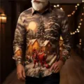 Close-up detail of the 3D printed Christmas winter scene pattern on the long sleeve shirt. - 3XL / Tops / Festive Snow Scene Theme Print (HJ-2307118)