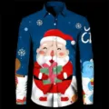Close-up detail of the blue Christmas long sleeve shirt featuring 3D Santa print and buttons. - 3XL / Tops / Dark Blue Snowflake Santa Print (HJ-2307111)