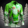 Detailed view of a green long-sleeve men shirt with vibrant 3D Christmas Santa print. - 3XL / Tops / Green Winter Night Santa Print (HJ-2307114)