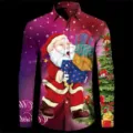 Mens Christmas Santa Claus 3D Digital Print Long Sleeve Casual Fashion Button Shirt - 3XL / Tops / Black Gradient Christmas Santa Print (HJ-2307117)