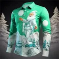 Men's 3D digital printed Christmas Santa Claus long sleeve button down fashion shirt. - 3XL / Tops / Green And White Santa Print (HJ-2307116)
