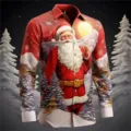 Men's Christmas long sleeve 3D digital print Santa Claus holiday fashion button up shirt - 3XL / Tops / Red and White Snow Night Print (HJ-2307115)