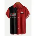 Men Christmas Short Sleeve Button Down Shirt Colorblock Holiday Casual Shirt Red Black - 3XL / Tops / Red and Black (HJ-DC0935)