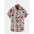 Men's short sleeve casual shirt in light grey with red berry and branch print, summer fashion. - 3XL / Tops / Light Gray (HJ-DC0929)