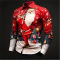 Men's 3D Santa Claus print long sleeve button-up shirt, perfect for Christmas party fashion style. - 3XL / Tops / Red and White 3D Christmas Print (HJ-2307120)
