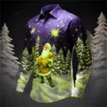 Men's 3D Christmas Santa Claus Print Long Sleeve Fashion Shirt Purple Party Tops For Men - 3XL / Tops / Purple Starry Sky Christmas Print (HJ-230711M)