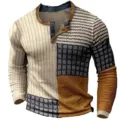 Vintage Herren Langarm Henley T-Shirt Patchwork Digitaldruck Freizeit Oberteil Pullover - 3XL / Oberteile / Vintage Digital Farbblock (HJ-1225-015)
