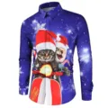 Men's Christmas 3D Print Long Sleeve Button Down Shirt Casual Festive Holiday Top Wear - 3XL / Tops / Blue Christmas Cat Print (HJ-230711L)