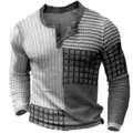 Vintage Herren Langarm Henley Shirt mit Patchwork Digitaldruck Karo Design Oberteil - 3XL / Oberteile / Kühlton Schwarz Weiß Grau Patchwork (HJ-1225-017)