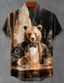 Men's vintage oil painting bear print short sleeve mandarin collar linen shirt casual top - 3XL / HJ-DXCS-1203-2