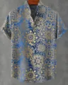 Men's short sleeve mandarin collar shirt blue gold mandala print casual summer top - 3XL / HJ-DXCS-1203-5