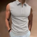 Chemise Polo Sans Manches Gris Clair pour Homme Été Casual Col Zippé T-Shirt Haut - Gris