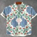 Men's vintage peacock botanical print stand collar short sleeve linen casual shirt top - 3XL / HJ-DXCS-1203-9