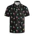 Men short sleeve polo shirt black flamingo palm tree print casual summer top - 3XL / Tops / Flamingo