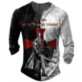 Men long sleeve medieval knight graphic Henley t shirt with button placket style. - S / Tops / Black and White Patchwork Knight Style (OFSH-03337)
