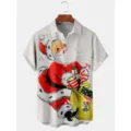 Camisa Casual Manga Corta Hombre Estampado 3D Navidad Vintage Papá Noel Botones Top - 3XL / Tops / Blanco Vintage (HJ-DC0936)