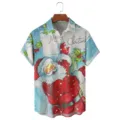 Camisa de manga corta de Navidad para hombre vintage Papa Noel estampado casual top. - 3XL / Tops / Blanco Festivo (HJ-DC0925)
