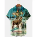 Camisa informal de manga corta con estampado 3D de ciervo navideño para hombres. - 3XL / Tops / Ciervo de Navidad Nieve (HJ-DC0924)