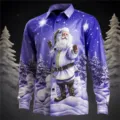 Men's 3D Santa Claus Print Long Sleeve Shirt Purple Christmas Party Fashion Button Down Top - 3XL / Tops / Purple Forest Snow Night Print (HJ-230711F)