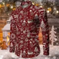 Mens Christmas Long Sleeve Shirt Red Santa Snowman Print Festive Casual Button Down Top - 3XL / Tops / Red Background Snow Santa Print (HJ-2307113)