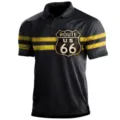 Schwarzes Herren Kurzarm Polohemd mit gelben Streifen und vintage Route 66 Schild Aufdruck. - 3XL / Oberteile / Schwarz Kontrast (HJ-1225-J48)