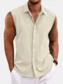 Camicia casual senza maniche da uomo risvolto tinta unita top in lino da spiaggia - Taglia S / Top / Kaki