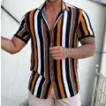 Men casual short sleeve striped shirt, summer fashion lapel button down shirt for men. - Striped