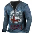 Men vintage long sleeve Henley t-shirt with knight graphic and classic button placket. - S / Tops / Knights Templar Style (CX7kou-0916020)