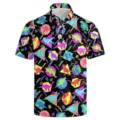 Men's Neon Dinosaur Print Polo Shirt Retro 90s Graphic Short Sleeve Button Lapel Top - 3XL / Tops / Retro Dinosaur